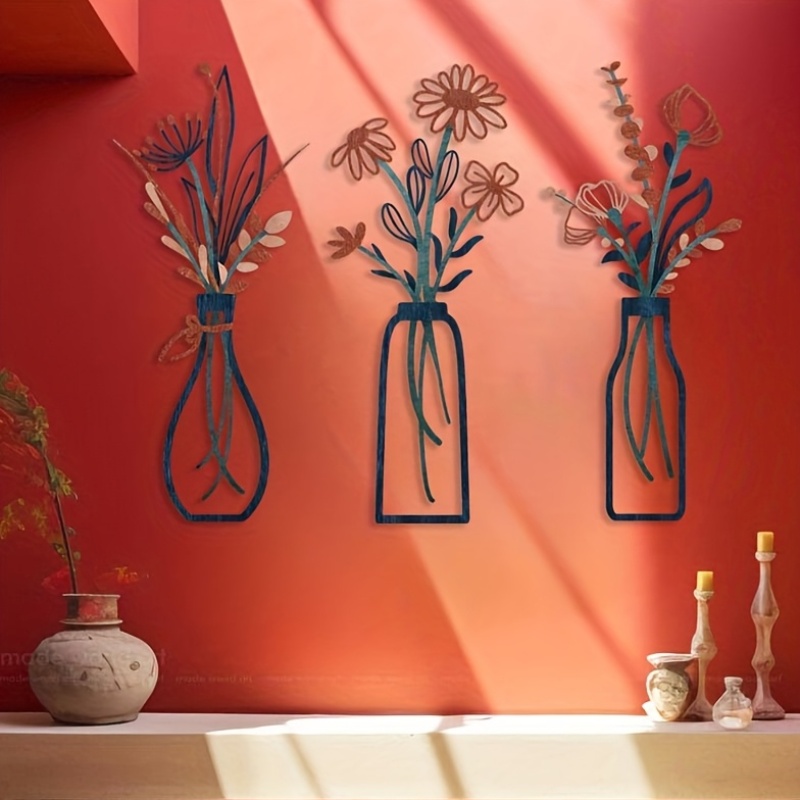 Interior Design Home - ประติมากรรมติดผนังลายดอกไม้ขนาดใหญ่ 3 ชิ้น - ของตกแต่งบ้านสไตล์โมเดิร์นฟาร์มเฮาส์, ดีไซน์แจกันแขวนสุดหรู,